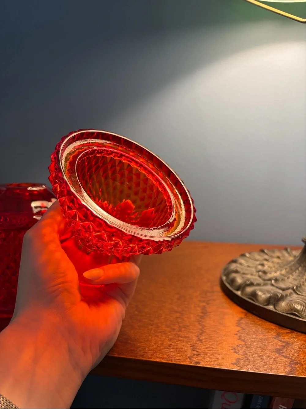 Vintage Viking Glass Ruby Red Diamond Point Glimmer Fairy Lamp MCM Cadmium Glow